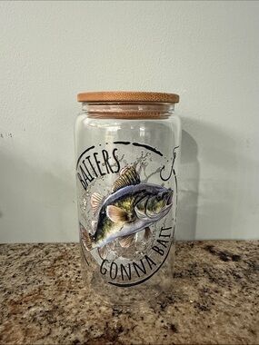 Clear Glass Fish Baiters Cup with Bamboo Lid — Bass Graphic (Clear)